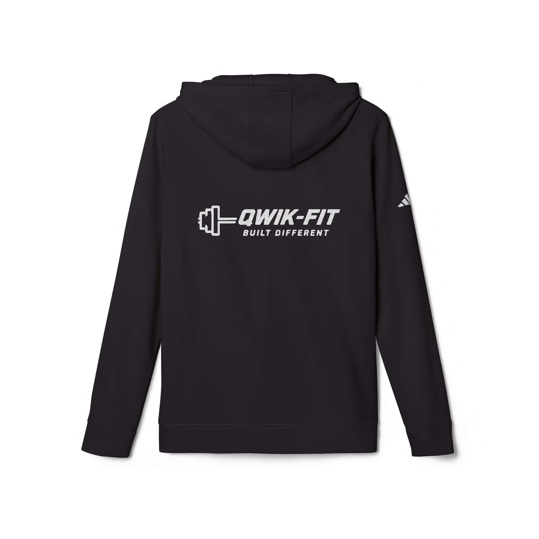 Black Adidas hoodie athletic pullover featuring Qwik-Fit logo on the back for a stylish athletic look.