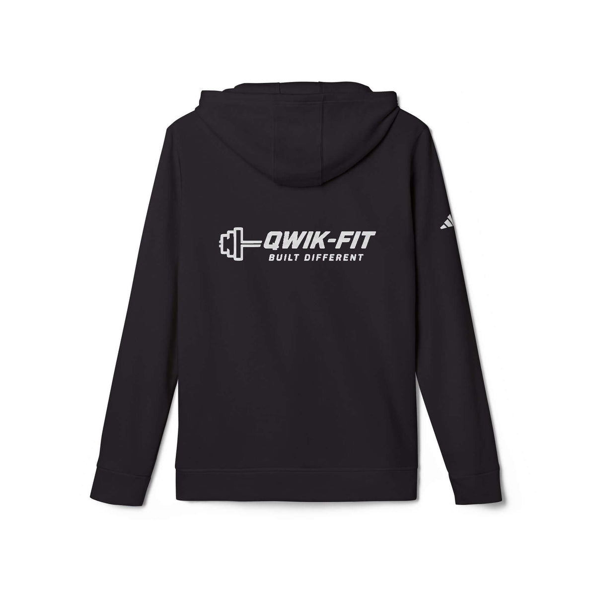 Black Adidas hoodie athletic pullover featuring Qwik-Fit logo on the back for a stylish athletic look.