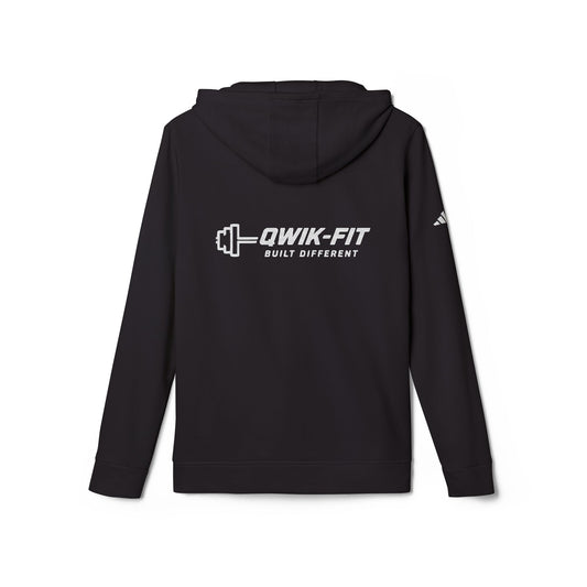 White Adidas hoodie with Qwik-Fit logo athletic pullover, featuring a comfortable fit and casual style.