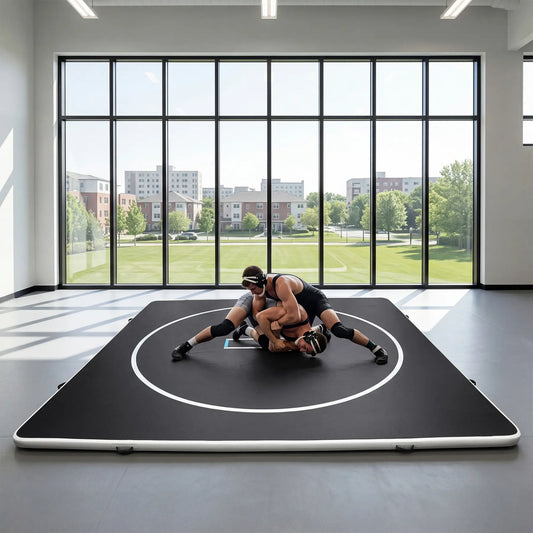 Inflatable wrestling mat in blue, 10ft or 13ft size, 4-inch thick PVC surface with circles, suitable for martial arts and home training.