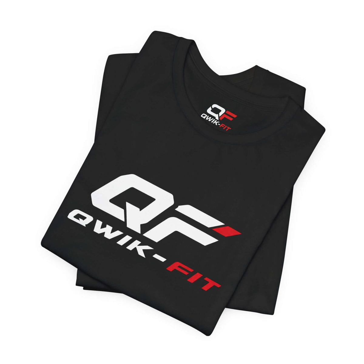 Black Performance Workout T-Shirt featuring Qwik-Fit logo, perfect for training and activewear.
