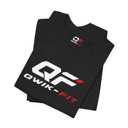 Printify Qwik-Fit Logo T-Shirt, a performance fitness short sleeve shirt with a bold logo design on the front.