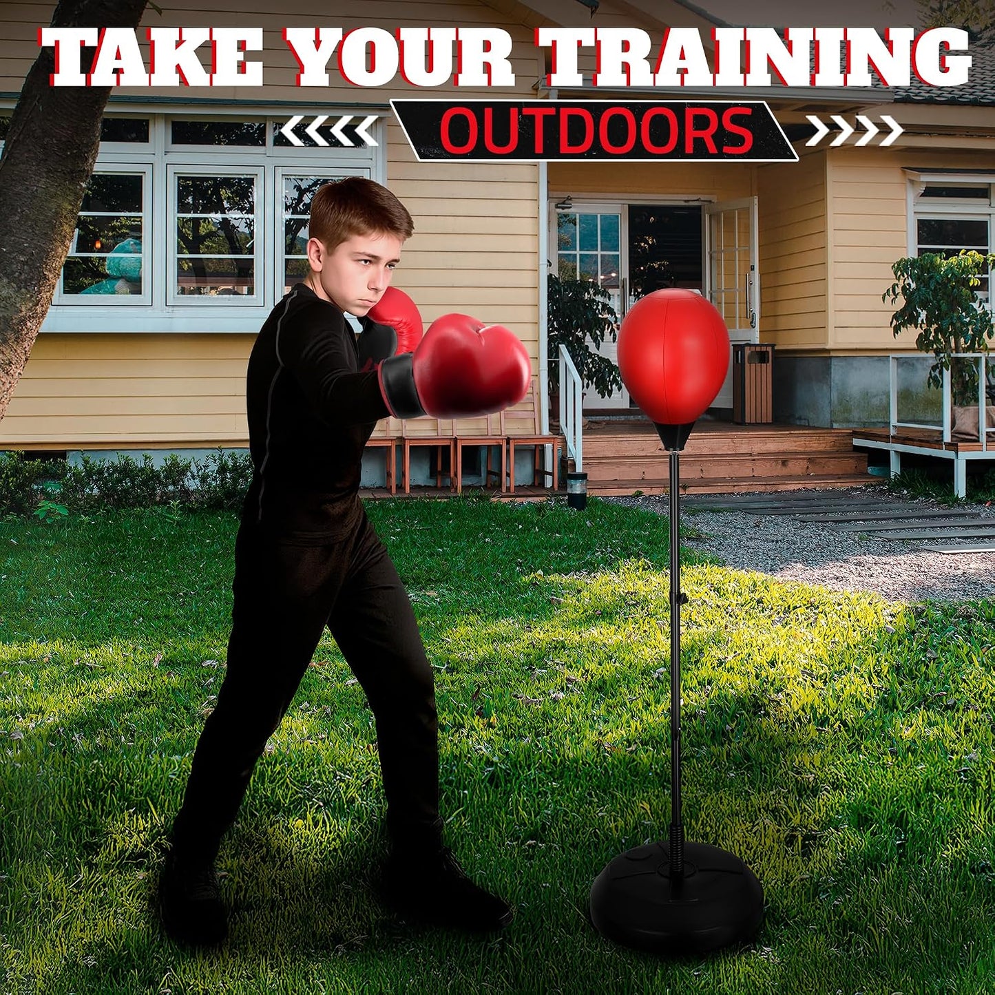 Adjustable Youth Punching Bag with Stand for Teens & Adults – 58" Reflex Boxing Training Set with Gloves & Pump, Standing Boxing Equipment for Beginner Training, Sports Gift for Home Fitness Training