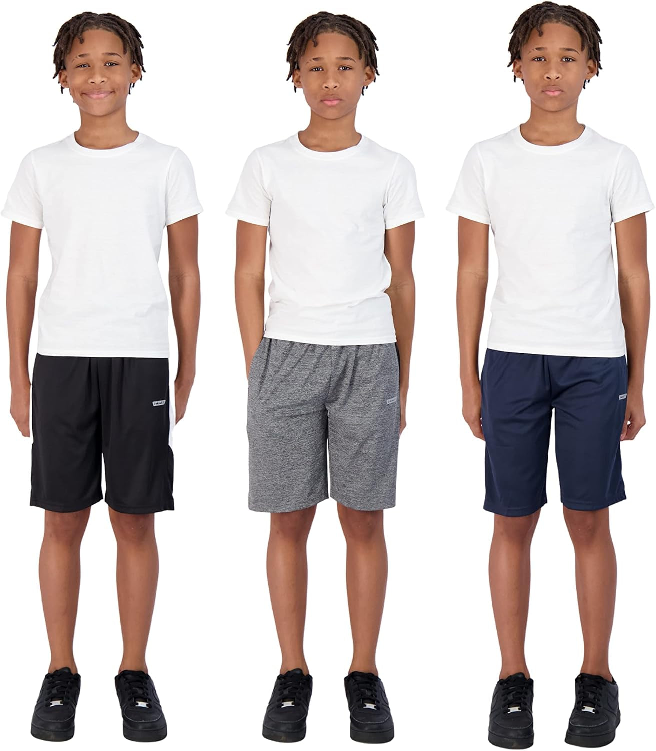 Hind boys' 3-pack basketball shorts for kids, featuring sporty designs and comfortable fit for active youth basketball and sports.