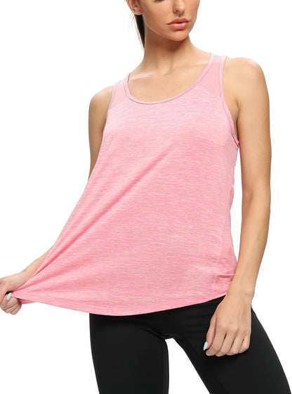 Pink women's workout tank top by CNJUYEE featuring mesh racerback design, sleeveless athletic shirt for yoga, running, and gym.