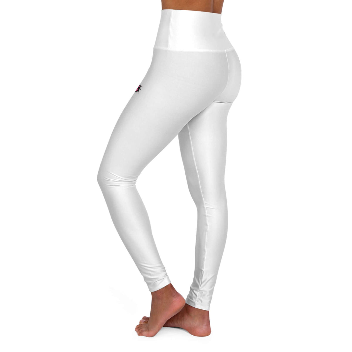 High waisted yoga leggings with retro logo in white, perfect for workouts and casual wear.