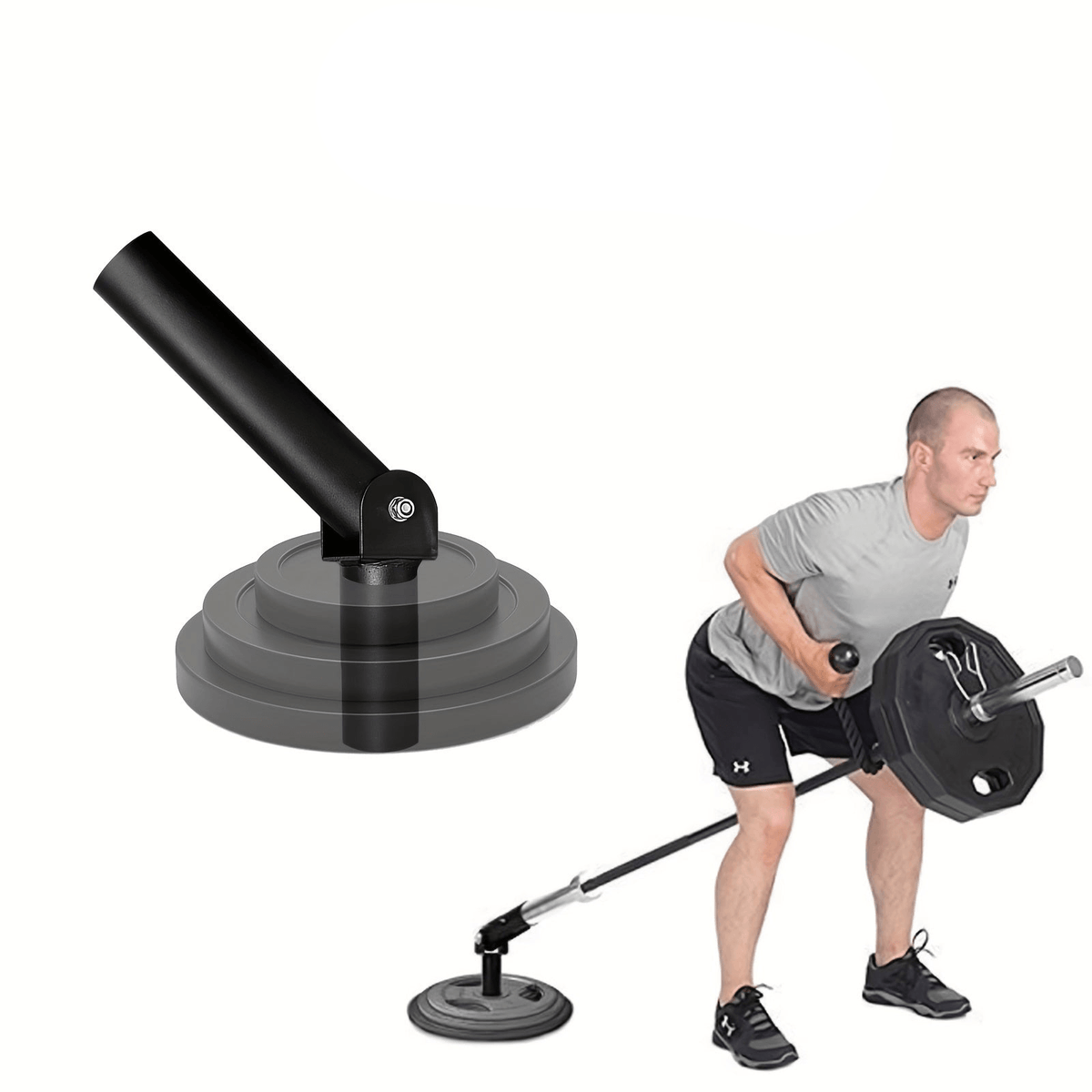 Man performing exercises with a heavy duty T-Bar row attachment for strength training.