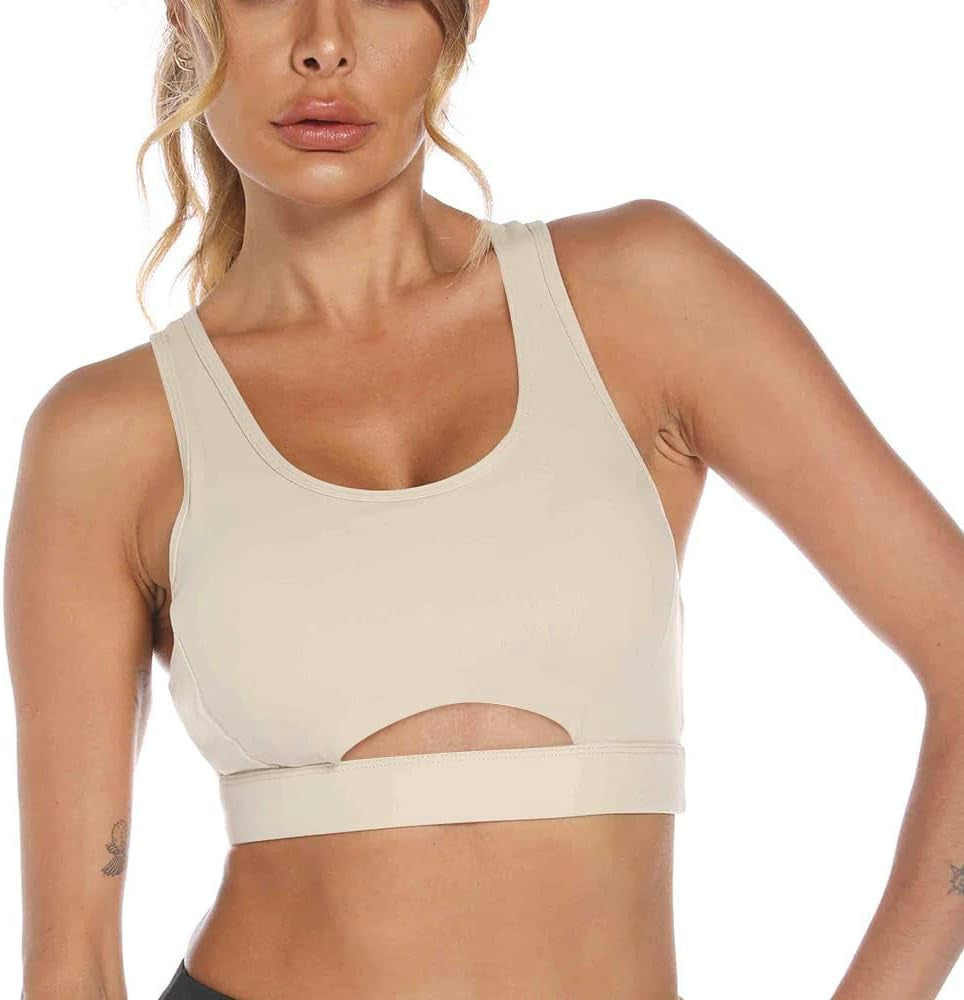 Nine Bull high impact sports bra for women with removable pads, beige yoga racerback crop top designed for workout and exercise.