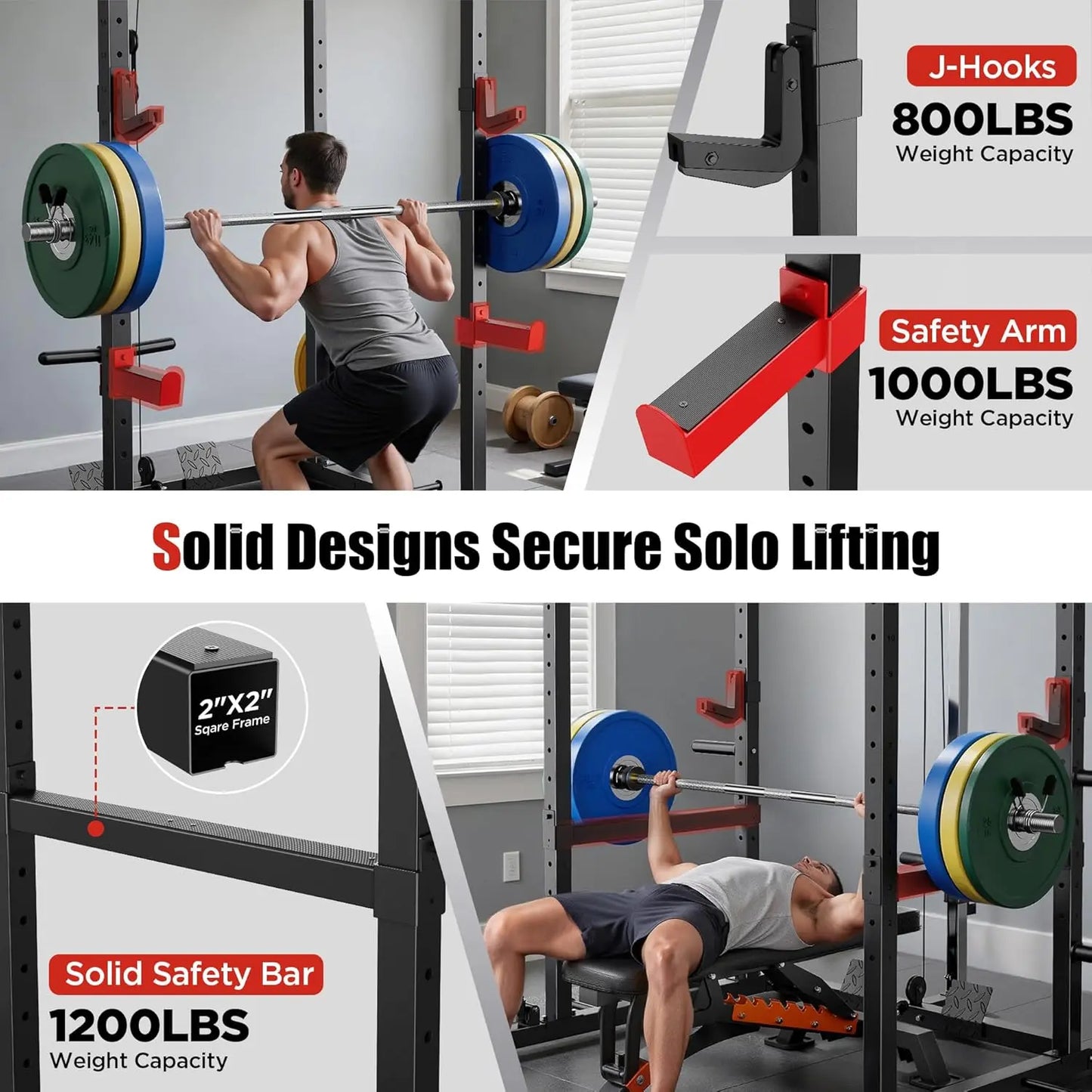 Fitness Essentials FED FITNESS Power Rack with pulleys, J hooks, and squat cage for home gym, available in red or blue.