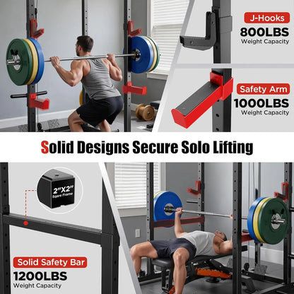 Fitness Essentials FED FITNESS Power Rack with pulleys, J hooks, and squat cage for home gym, available in red or blue.