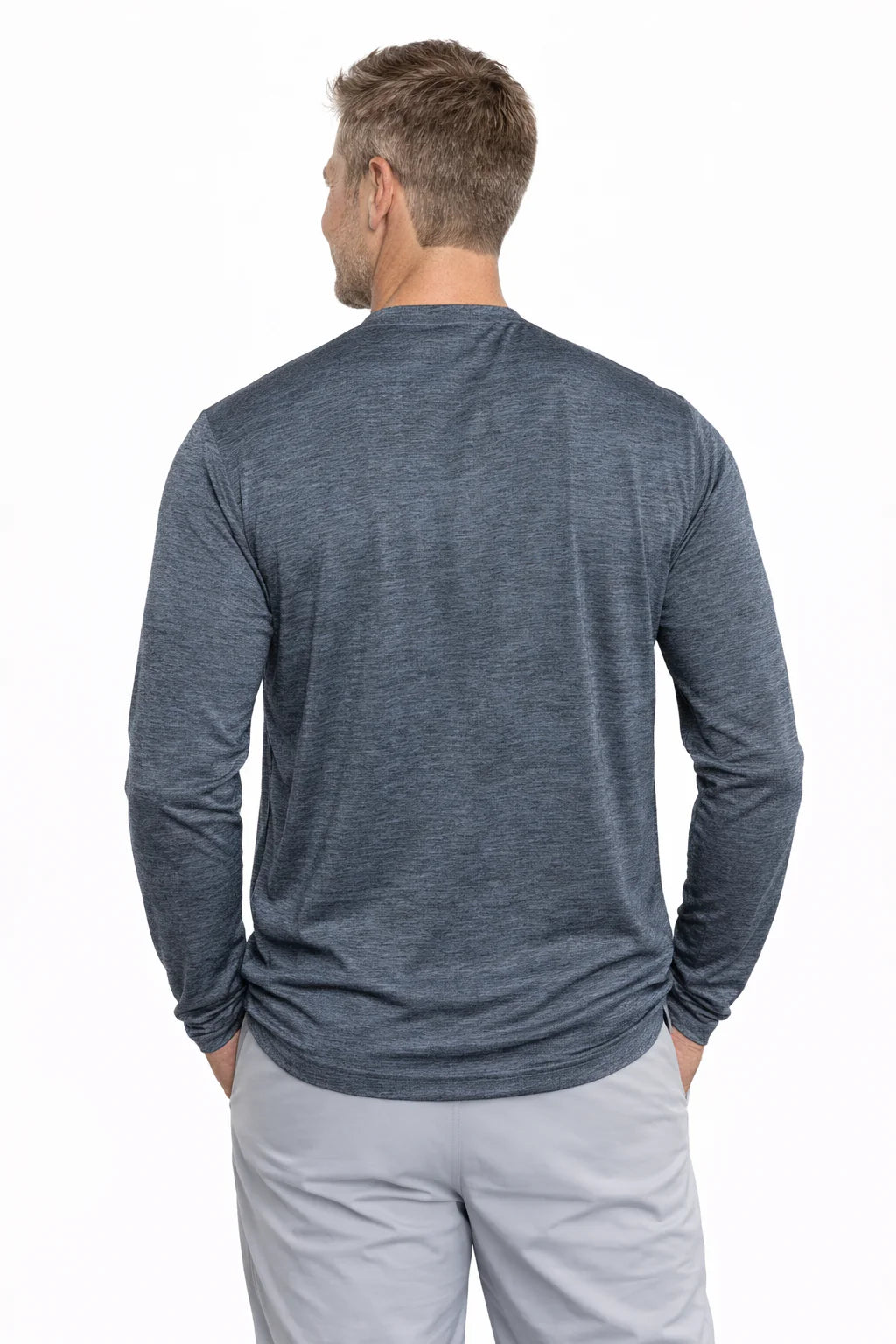 Men's cooling long sleeve t-shirt showcased from the back, designed with moisture-wicking technology for comfort.