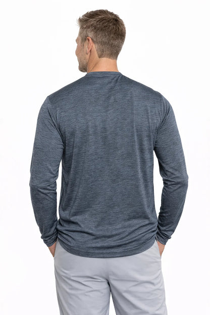 Men's cooling long sleeve t-shirt showcased from the back, designed with moisture-wicking technology for comfort.