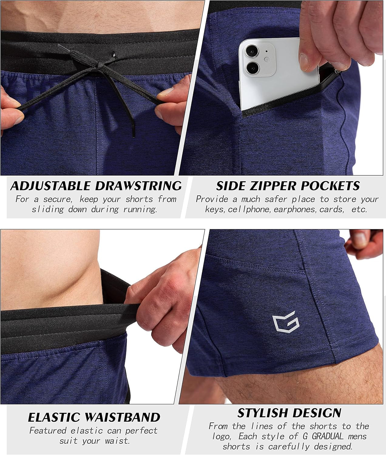 G Gradual men's 7-inch athletic gym shorts with quick-dry fabric and zipper pockets, ideal for running and workout activities.