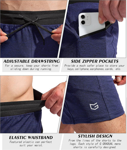 G Gradual men's 7-inch athletic gym shorts with quick-dry fabric and zipper pockets, ideal for running and workout activities.