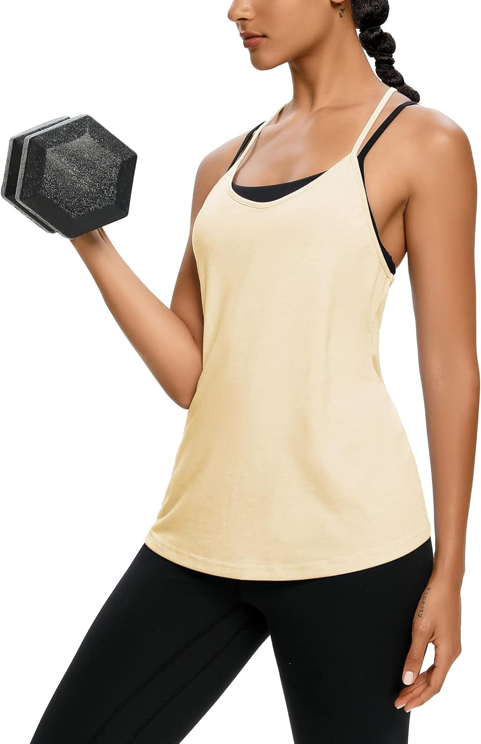 CUQY women's open back yoga workout top in apricot, strappy halter tank activewear, perfect for gym and summer exercise.