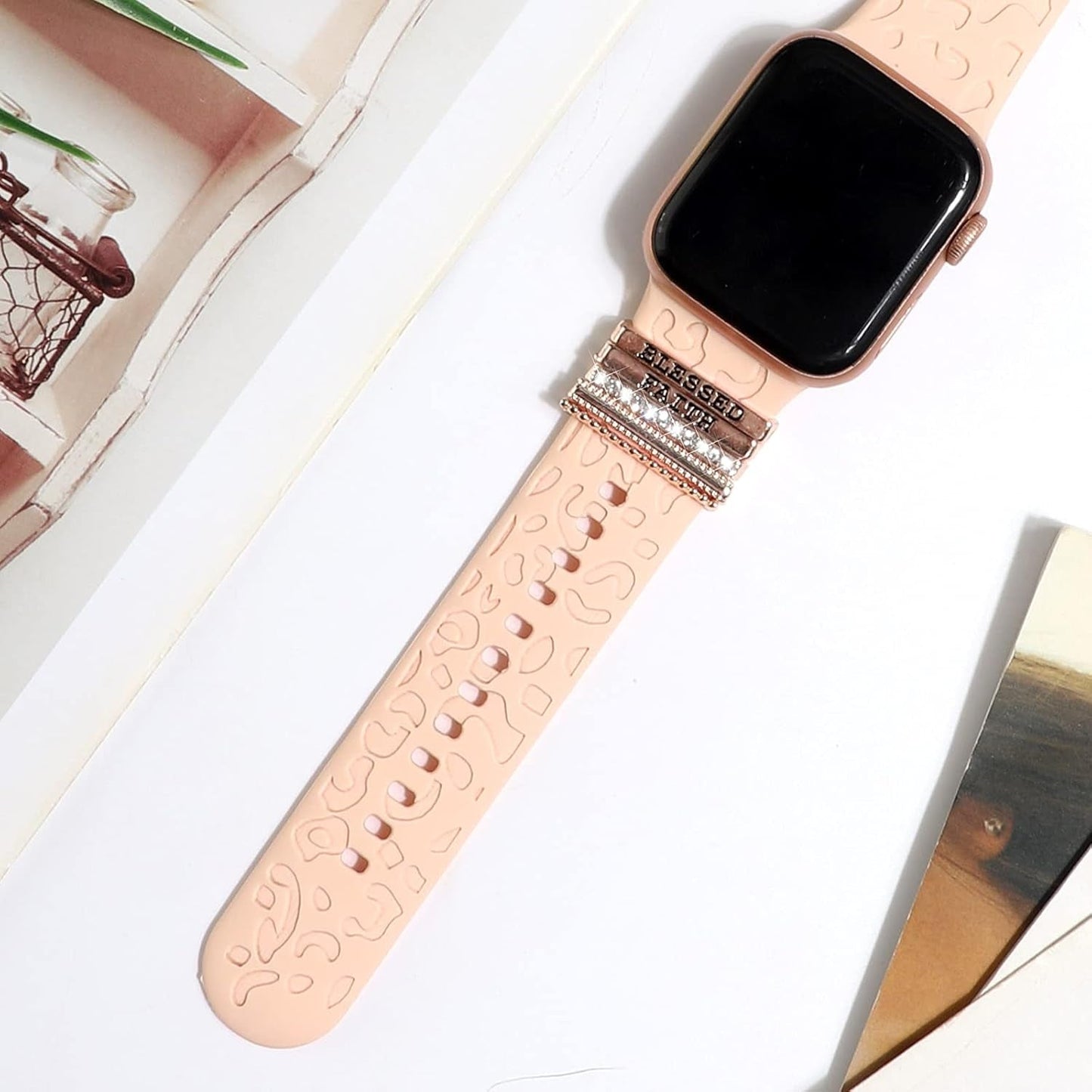 FERJITGR decorative silicone ring loops with metal diamond charms for Apple Watch Series 3 to 11, compatible with 38mm to 49mm bands