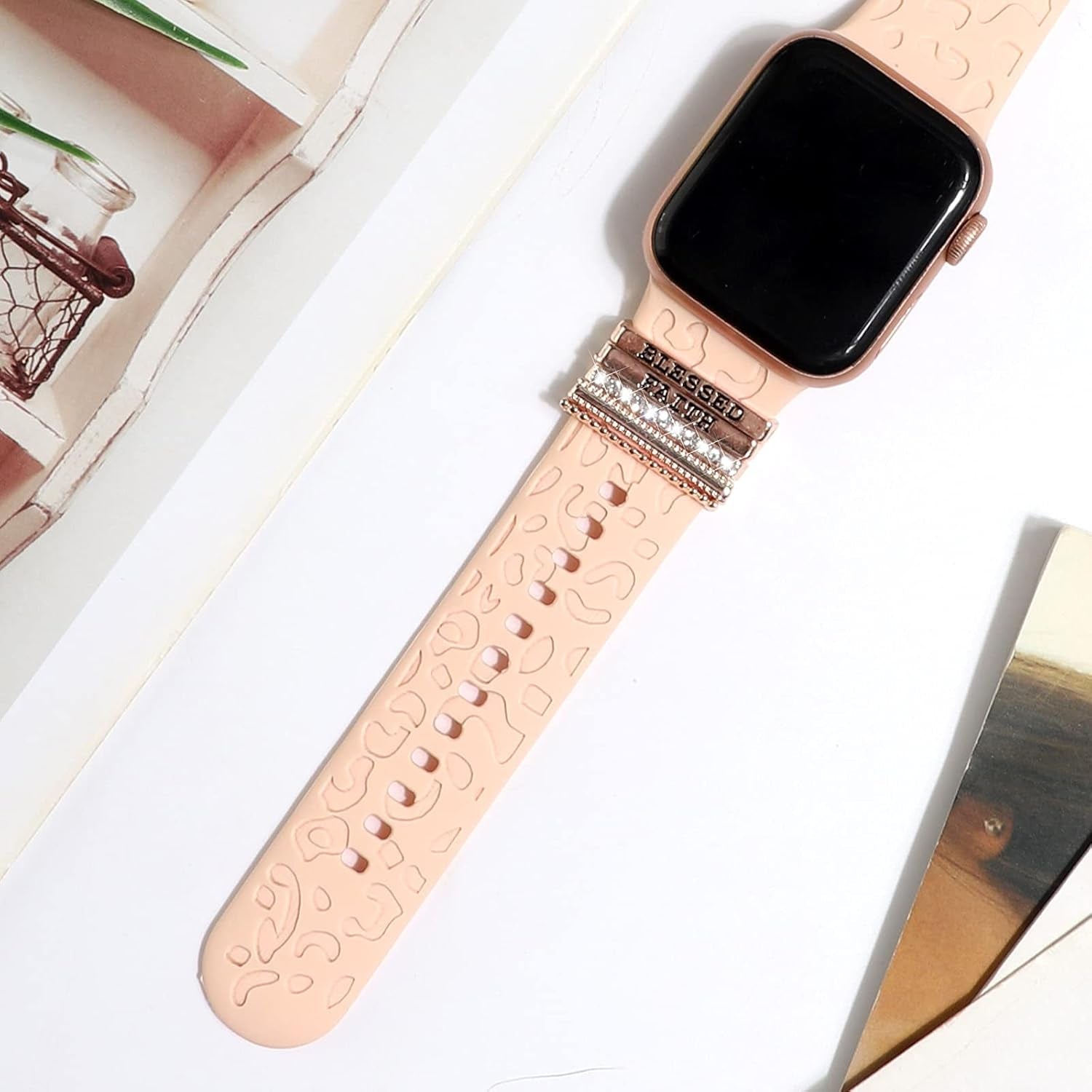 FERJITGR decorative silicone ring loops with metal diamond charms for Apple Watch Series 3 to 11, compatible with 38mm to 49mm bands