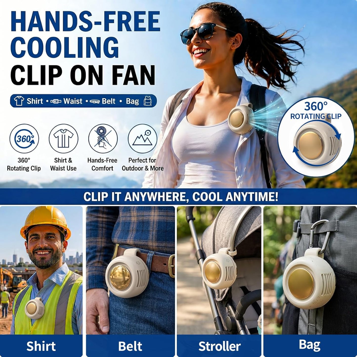 Brabantia portable clip-on bladeless fan with 360° rotating clip for shirt, waist, belt, and bag use, perfect for outdoor and travel.