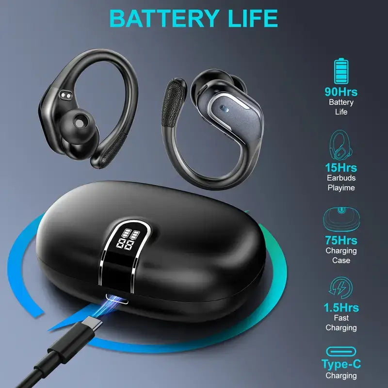Battery life features of wireless sports earbuds with bass, displaying 90 hours total and 15 hours playtime on earbuds.