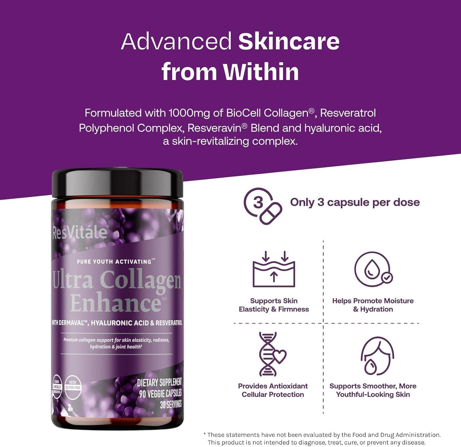 Resvitále Ultra Collagen Enhance - Skin Care Supplement with Resveratrol - 90 Veggie Capsules