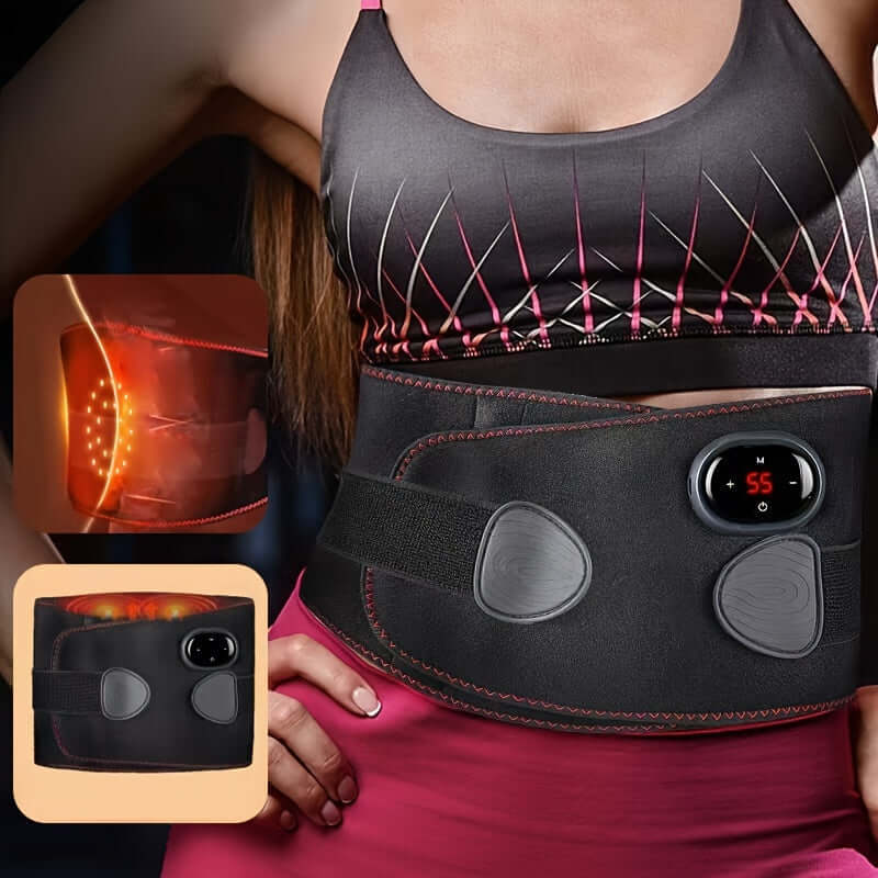 Portable USB-Rechargeable Waist & Ab Trainer with Hot Compress (Black) showcasing heat function and adjustable straps.