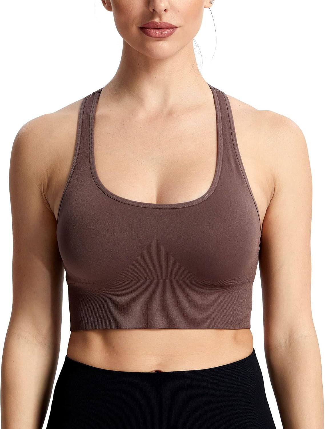 Aoxjox women's cocoa brown seamless sports bra with racerback design, ideal for workout, running, yoga, and athletic activities.