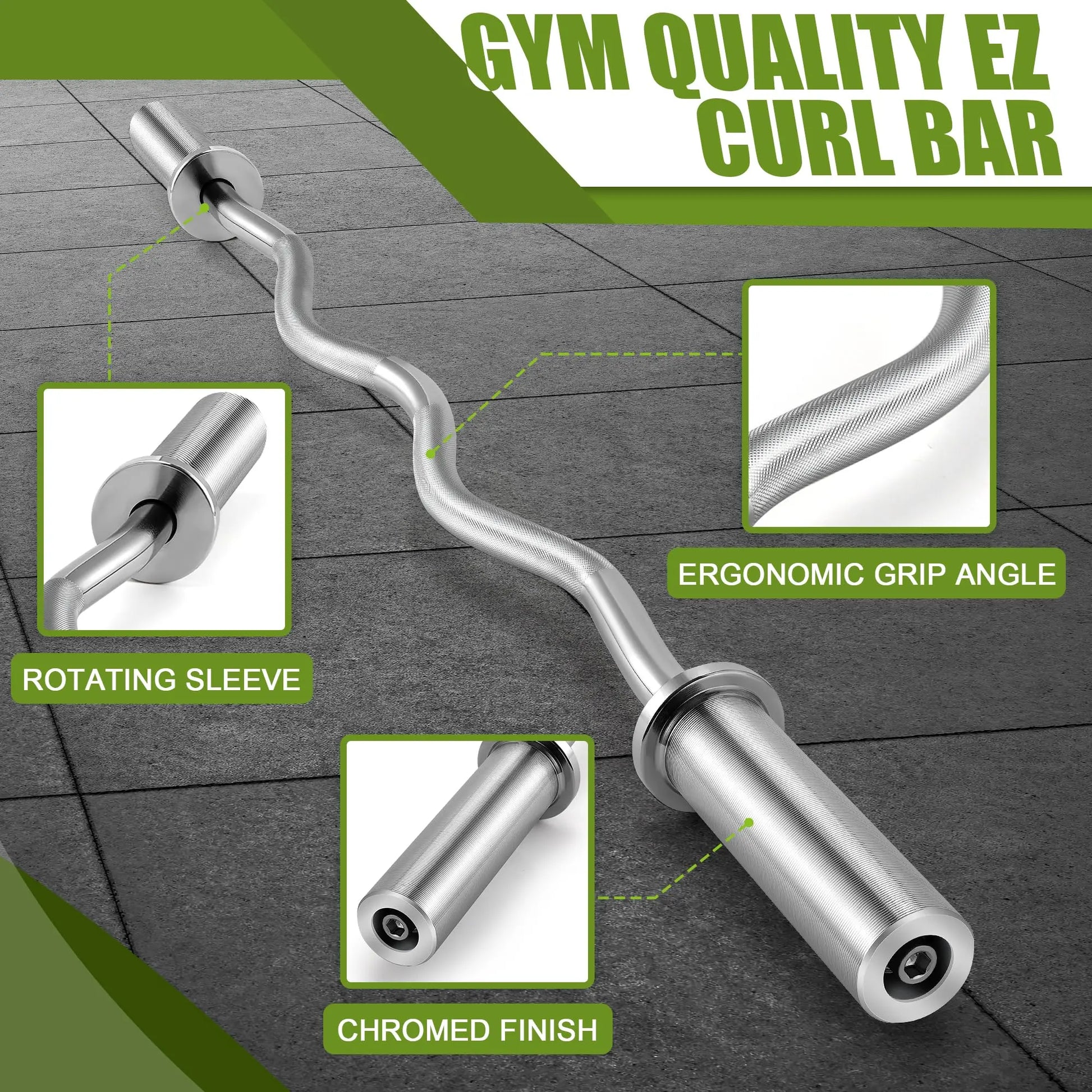 Fitness Essentials 47-inch Olympic EZ curl barbell with 380 lbs max load, wrist-friendly design for arm workouts and strength training.