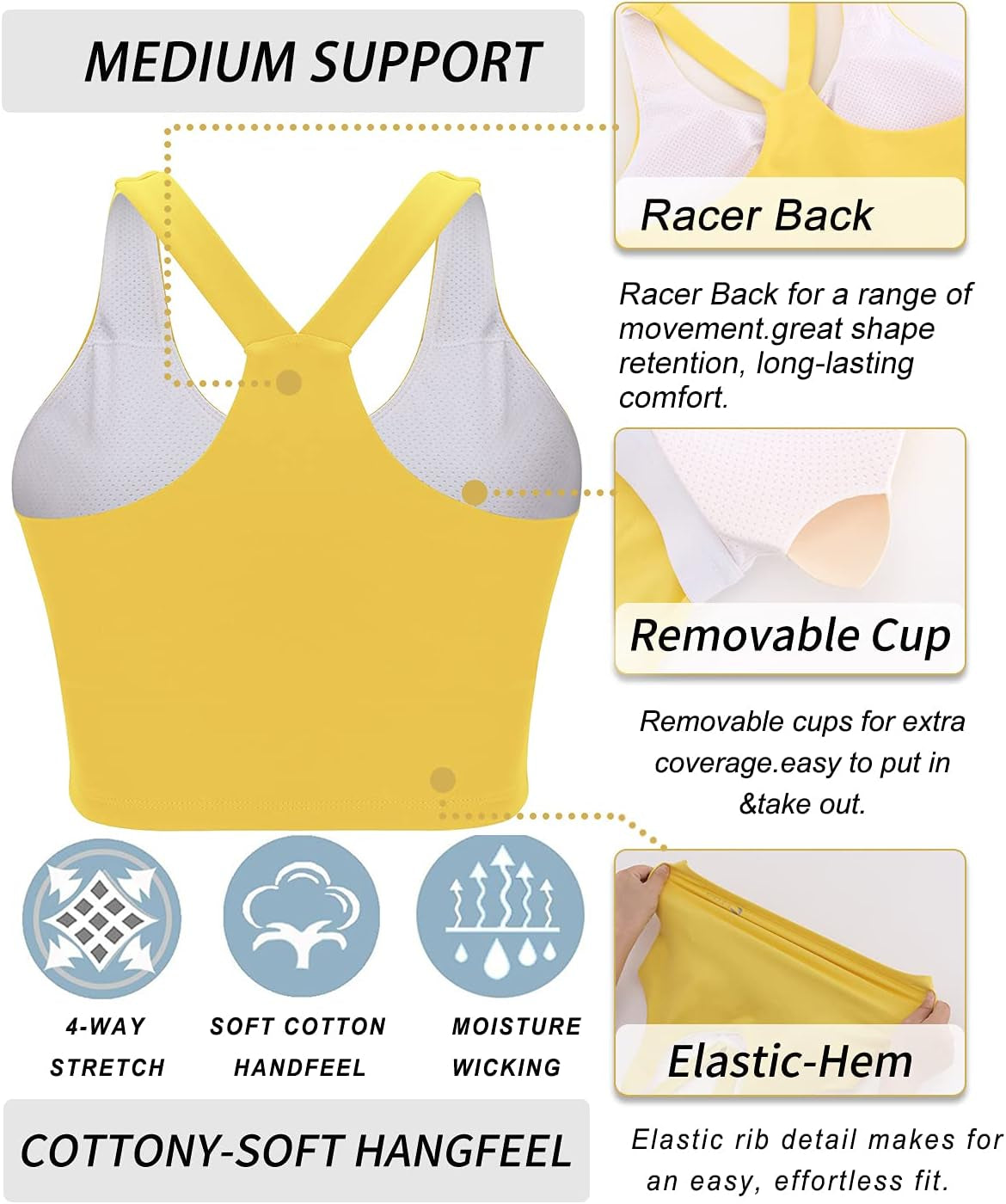 RUNNING GIRL longline sports bra for women, yellow wirefree padded crop tank top designed for running and yoga workouts