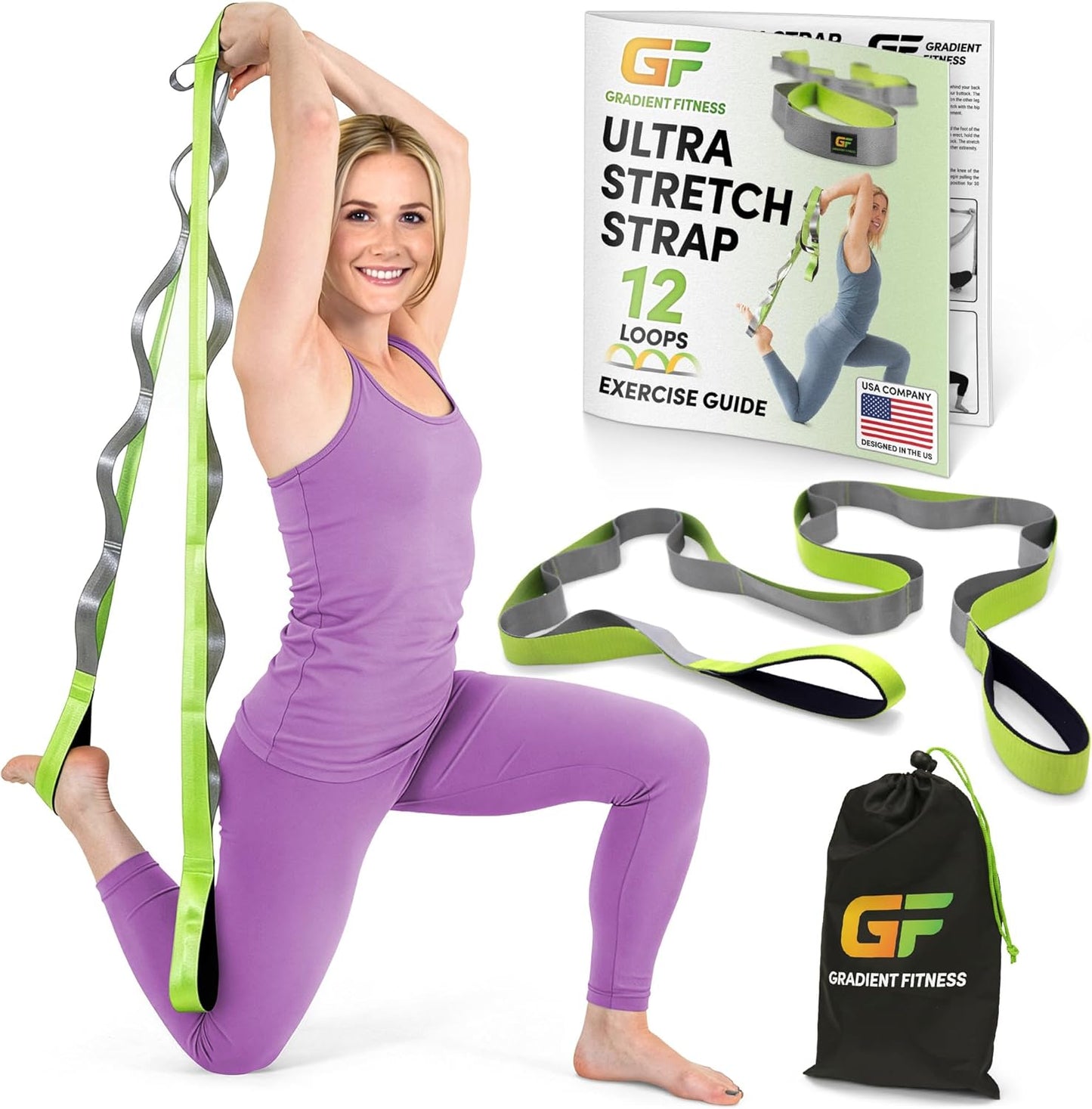 Gradient Fitness 12-loop stretching strap with neoprene handles, 8-foot length, ideal for physical therapy and yoga stretching exercises.