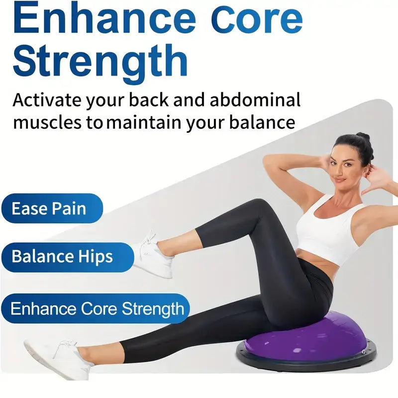 Woman exercising on a half balance ball, enhancing core strength with half balance ball exercise equipment.