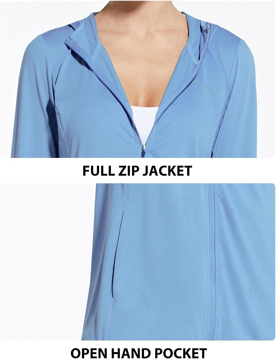 Baleaf women's UPF 50+ sun protection hooded cooling hiking jacket with pockets, suitable for outdoor activities.
