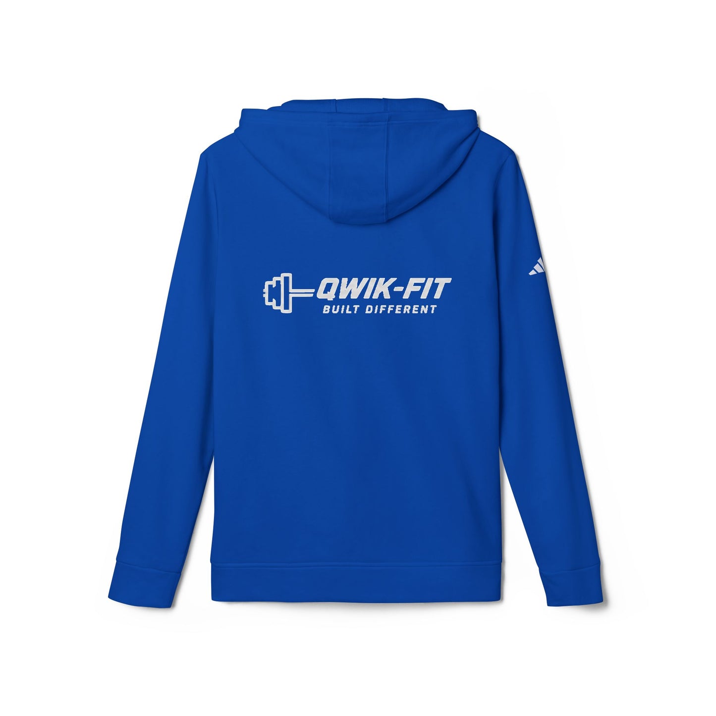 White Adidas hoodie with Qwik-Fit logo, athletic pullover featuring a comfortable fit and sporty design.