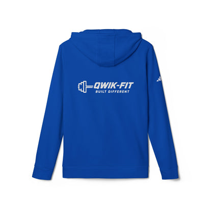 White Adidas hoodie with Qwik-Fit logo, athletic pullover featuring a comfortable fit and sporty design.