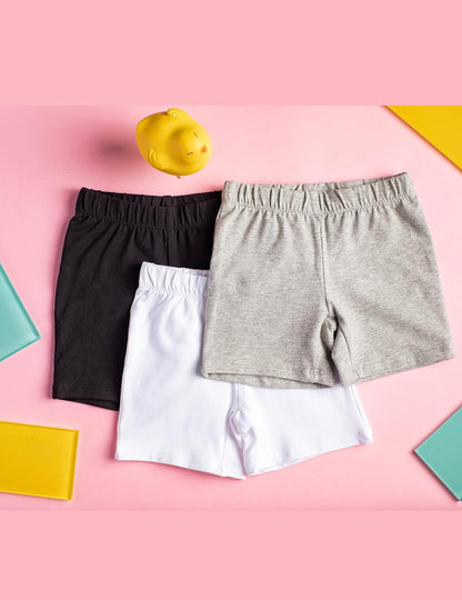 MY WAY toddlers and girls bike shorts in cotton and spandex, 3-pack, showing colorful biker shorts for under dresses and active wear.