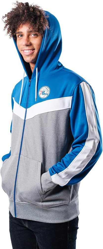 Men's NBA official full zip hoodie sweatshirt by Ultra Game, featuring team logo and comfortable fabric, model wearing it.