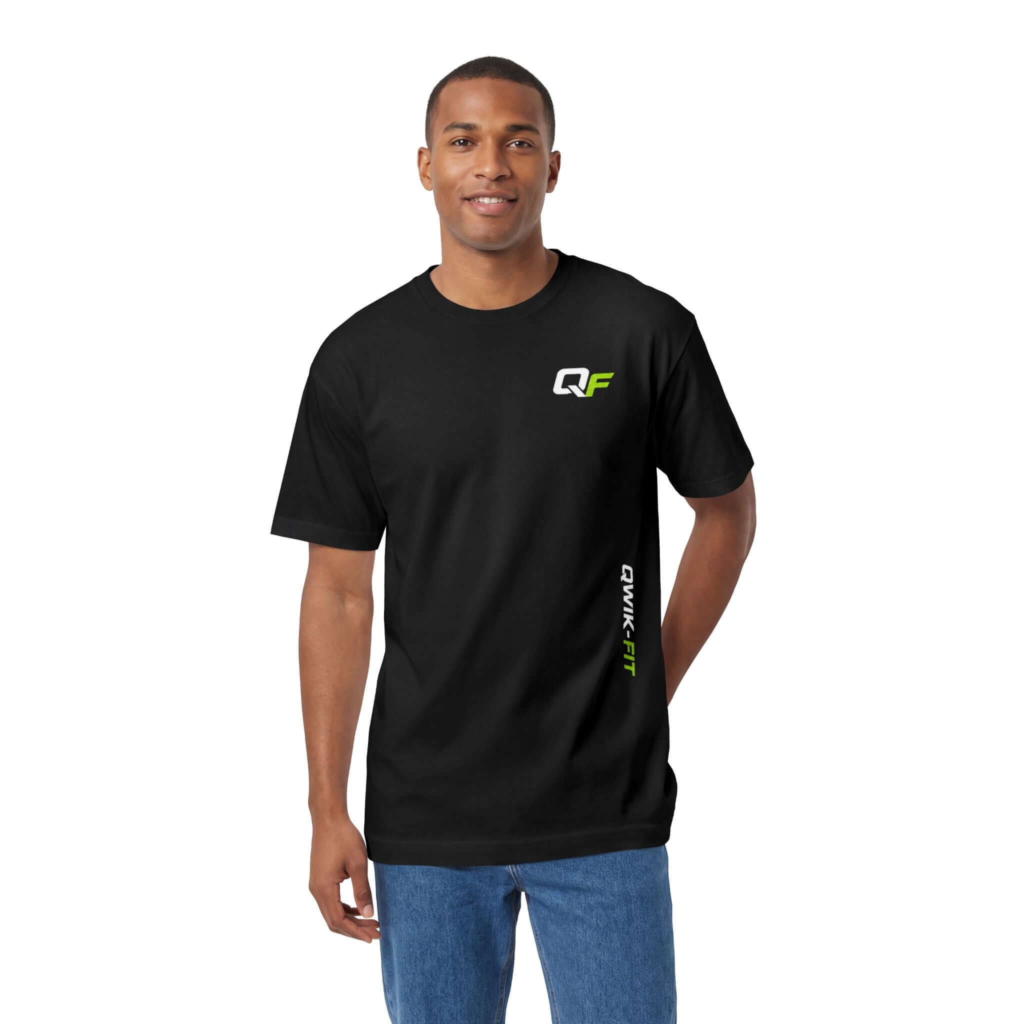 Black unisex workout t-shirt on model, perfect for workouts and casual wear, featuring a classic design and comfortable fit.