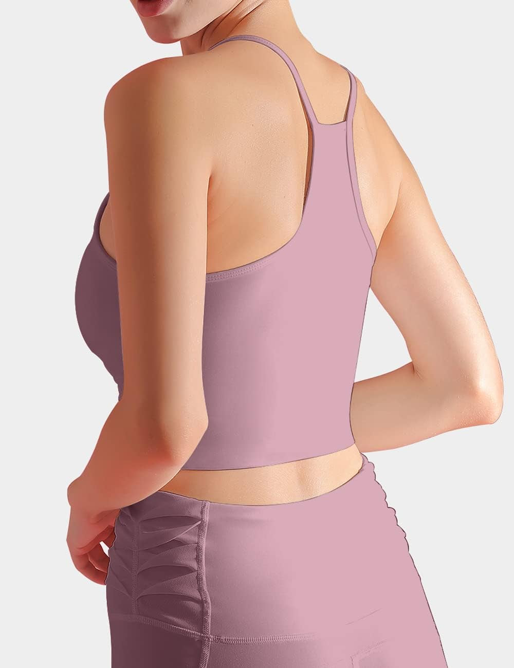 Women’s longline Tansuitme sports bra with thin straps, racerback design, padded crop top for yoga, workout, and gym training.