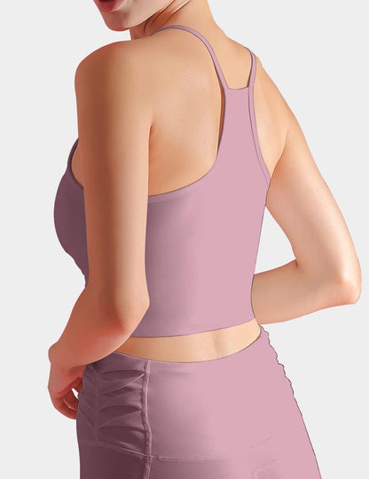 Women’s longline Tansuitme sports bra with thin straps, racerback design, padded crop top for yoga, workout, and gym training.