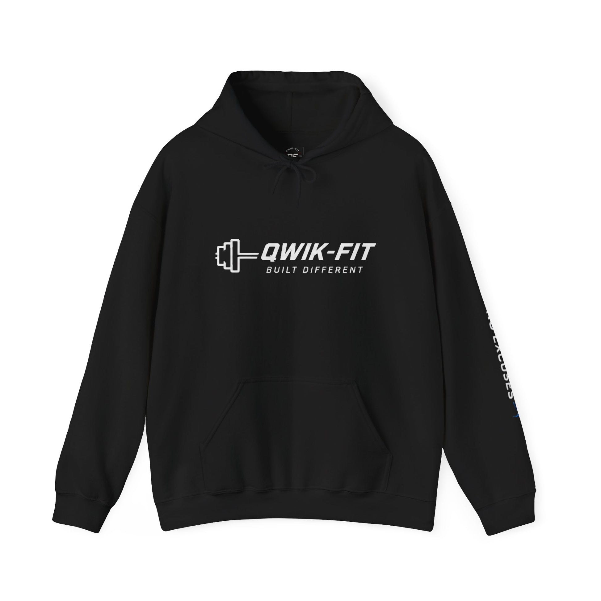 Qwik-Fit Built Different Hoodie — motivational gym pullover hoodie featuring logo and 'No Excuses' sleeve.