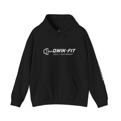 Qwik-Fit Built Different Hoodie — motivational gym pullover hoodie featuring logo and 'No Excuses' sleeve.