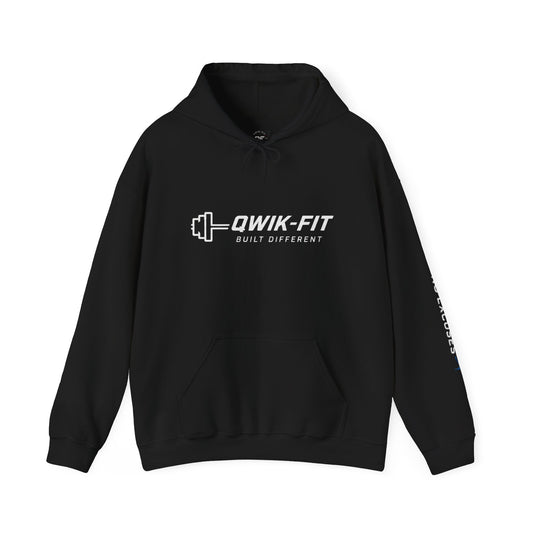 Printify Qwik-Fit Built Different hoodie featuring logo design and 'No Excuses' sleeve, casual gym pullover for active wear.