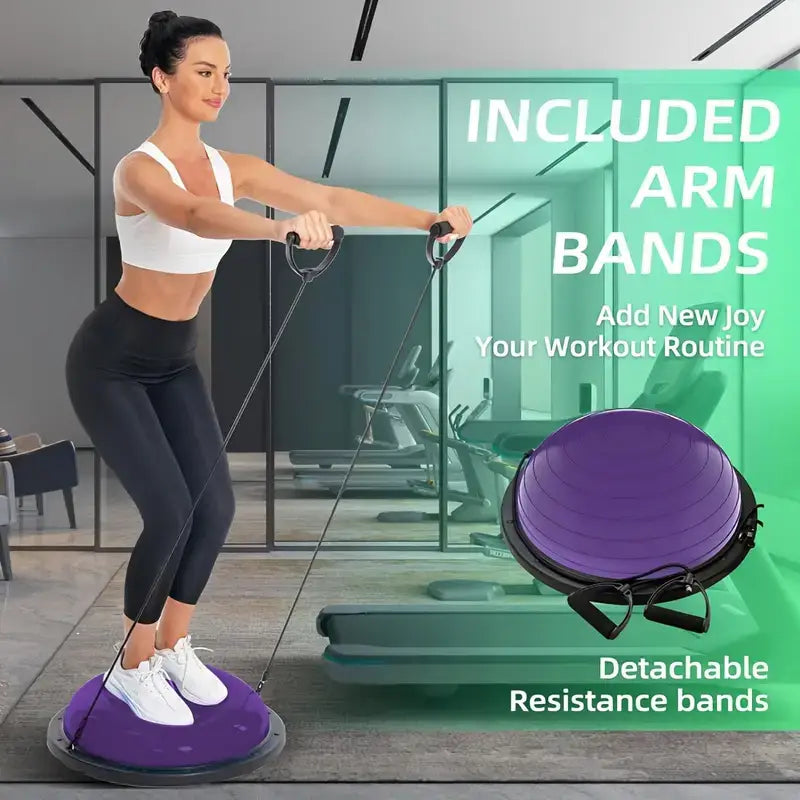 Woman using half balance ball exercise equipment with arm bands in gym setting.