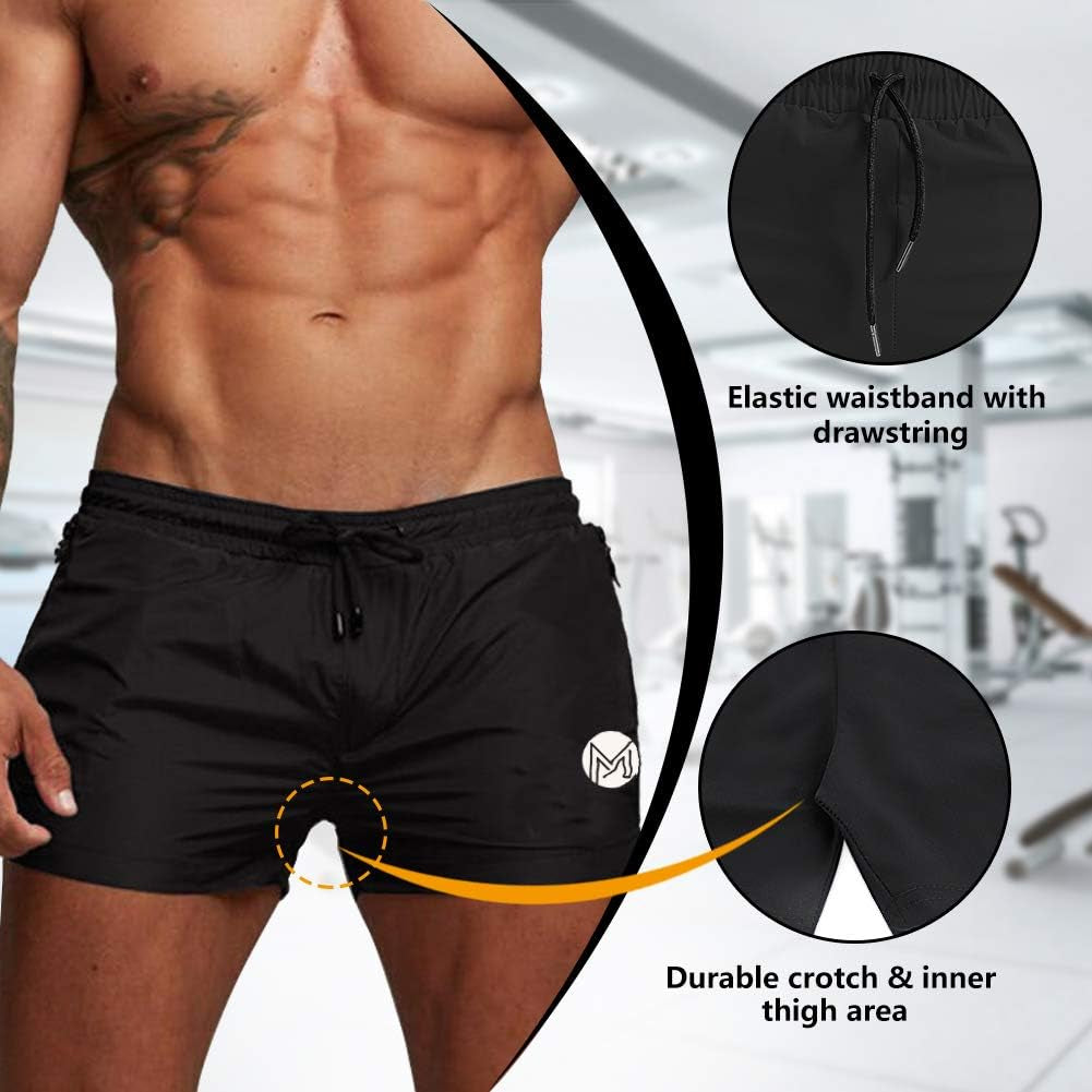 Black men's gym workout shorts by MICOZIFY with 3-inch inseam, zipper pockets, ideal for bodybuilding and running activities.