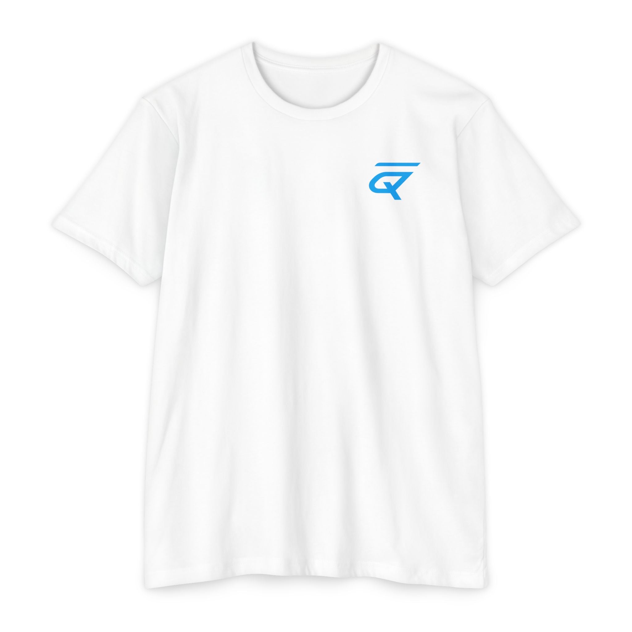 durable lightweight cotton-poly t-shirt in CVC White with blue logo on chest
