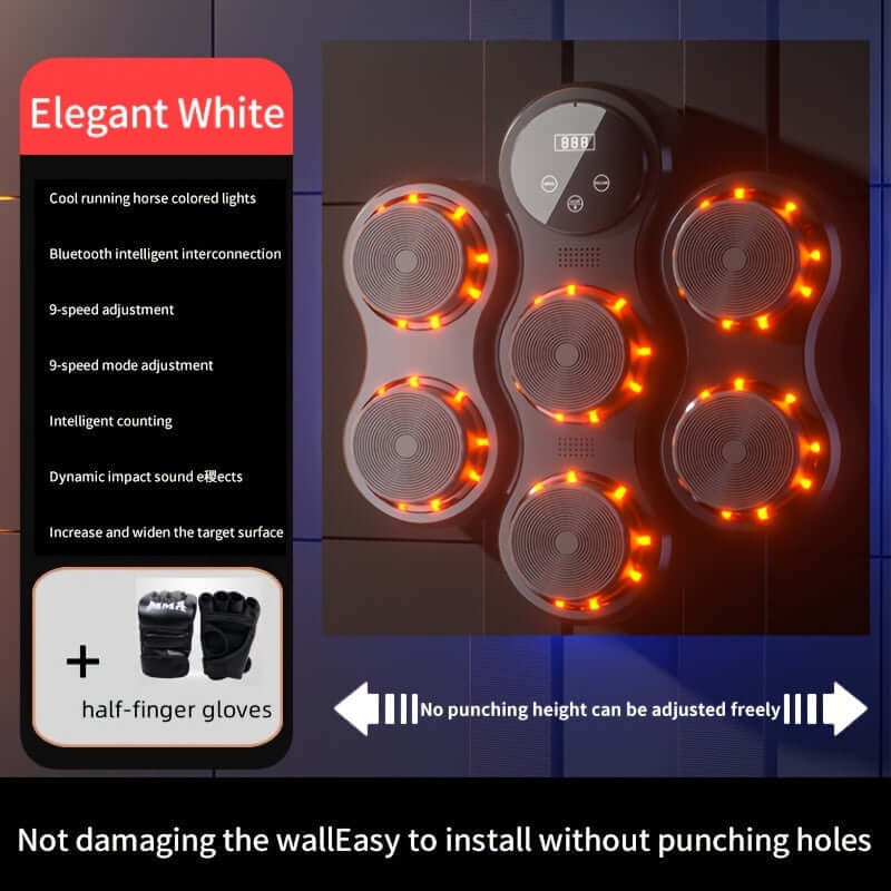 Smart music boxing training pad with LED lights, wall-mounted design, suitable for home workouts and gym sessions.
