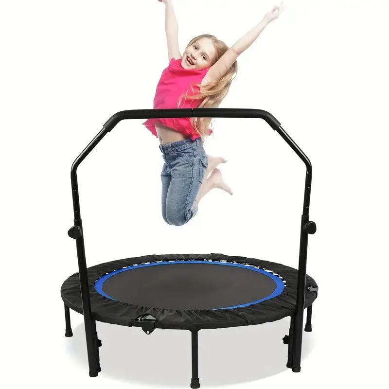 Girl jumping on a 121.92cm mini fitness trampoline with adjustable handle in blue.