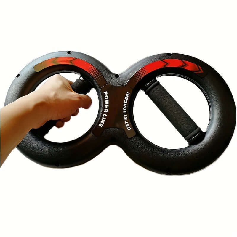 Person holding an 8-shaped arm strength trainer for wrist and forearm workouts, designed for effective exercise routines.