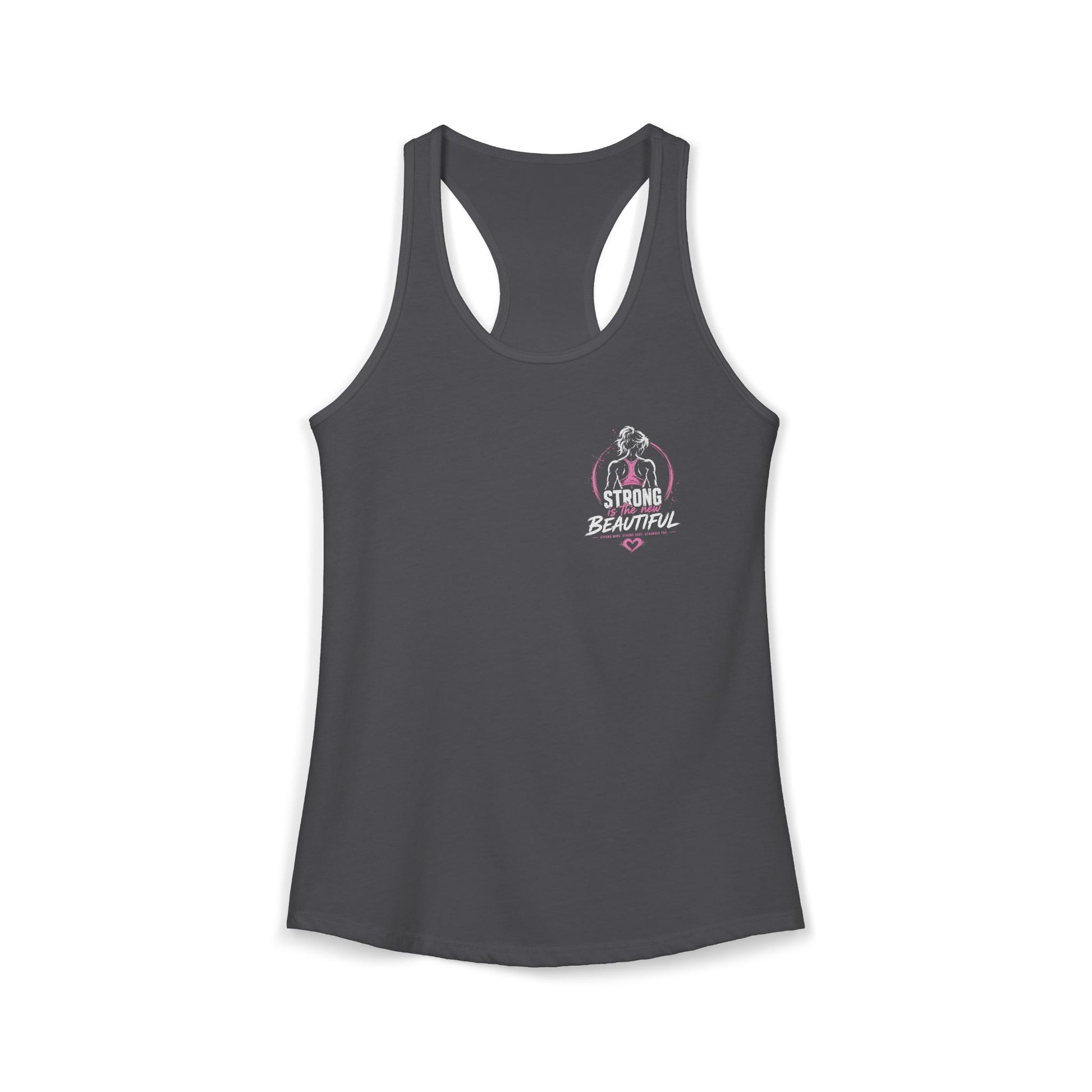 Women's racerback tank top in solid dark gray featuring a 'Strong Beautiful' print for active lifestyles.