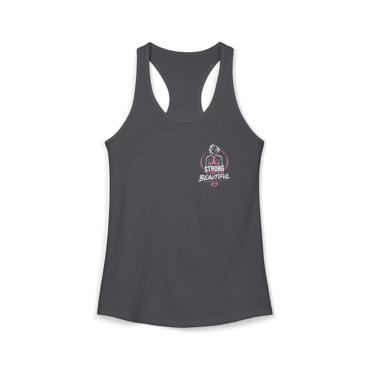 Women's Qwik-Fit Racerback Workout Tank in solid dark gray for activewear, featuring a strong and beautiful graphic. womens racerback workout tank