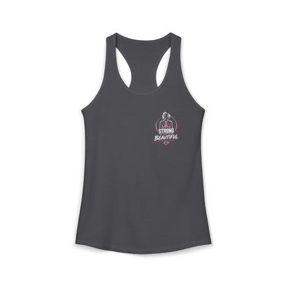 Women's racerback tank top in solid dark gray featuring a 'Strong Beautiful' print for active lifestyles.